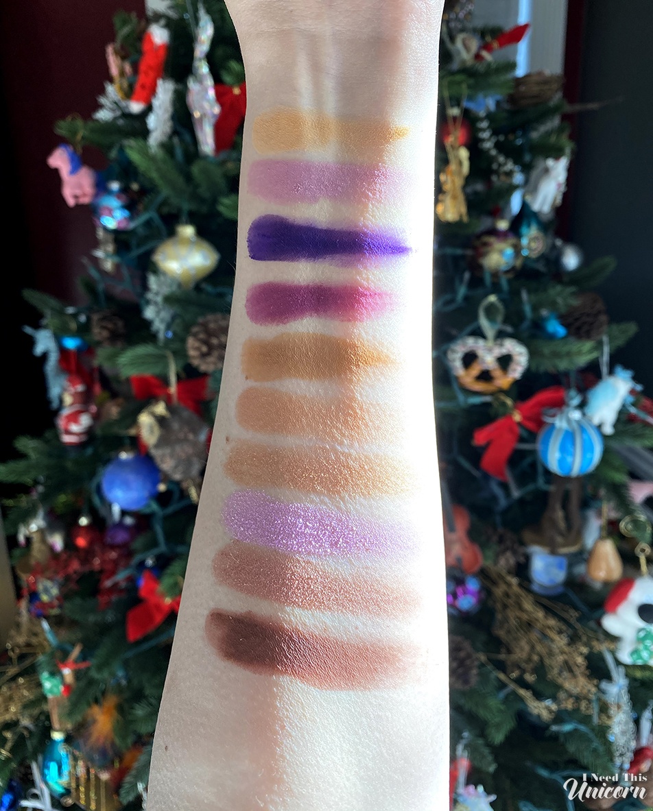 KKW Beauty Opalescent swatches with the Christmas Tree that is totally still up