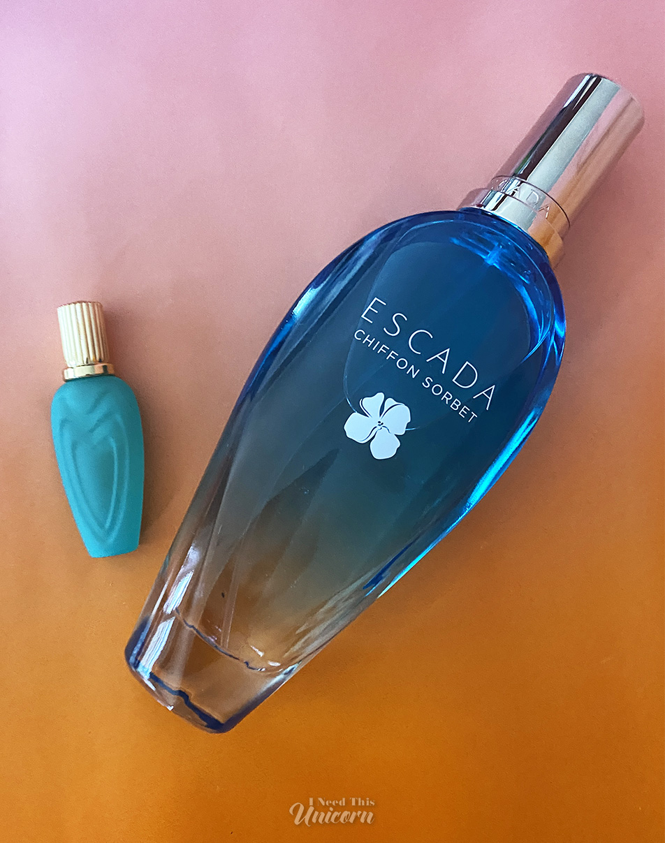 Mini 1993 Escada Chiffon Sorbet, and a huge 3.3oz 2024 version of Chiffon Sorbet