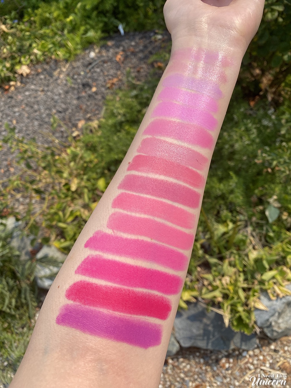 Every JSC Pink Lipstick I own. Sunlight to show texture of lipstick finishes