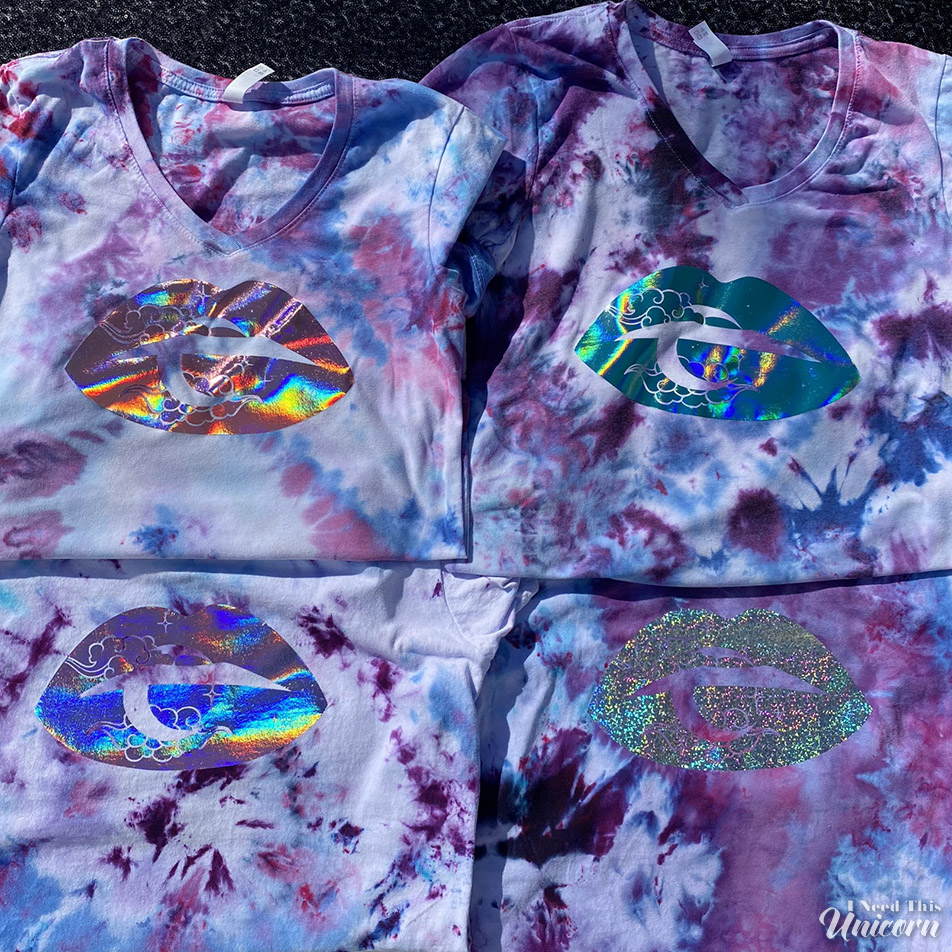 Celestial Lips Holographic Foil Ice Dyed V-Neck Tees in Pink, Blue, Purple and Silver