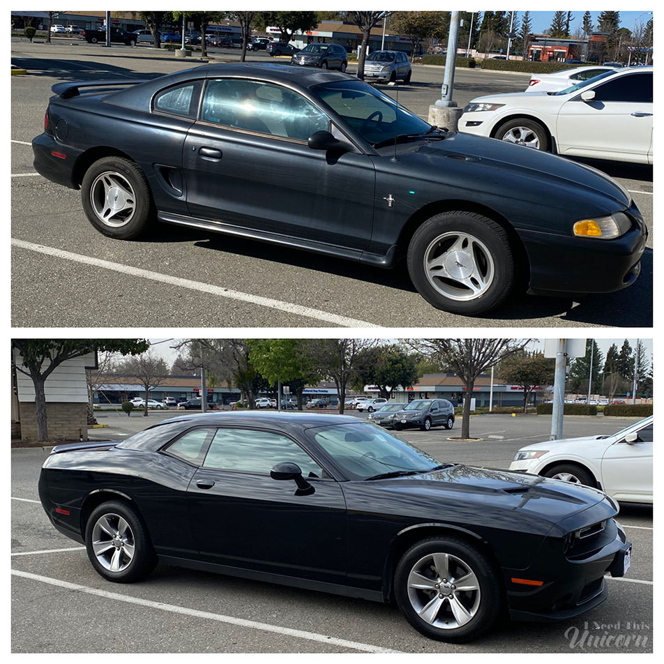 1998 Ford Mustang and 2018 Dodge Challenger