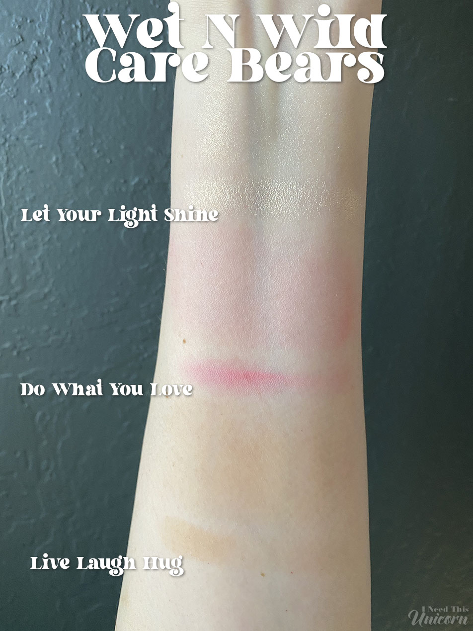 Wet N Wild Care Bears arm swatches of highlighter, blush and bronzer