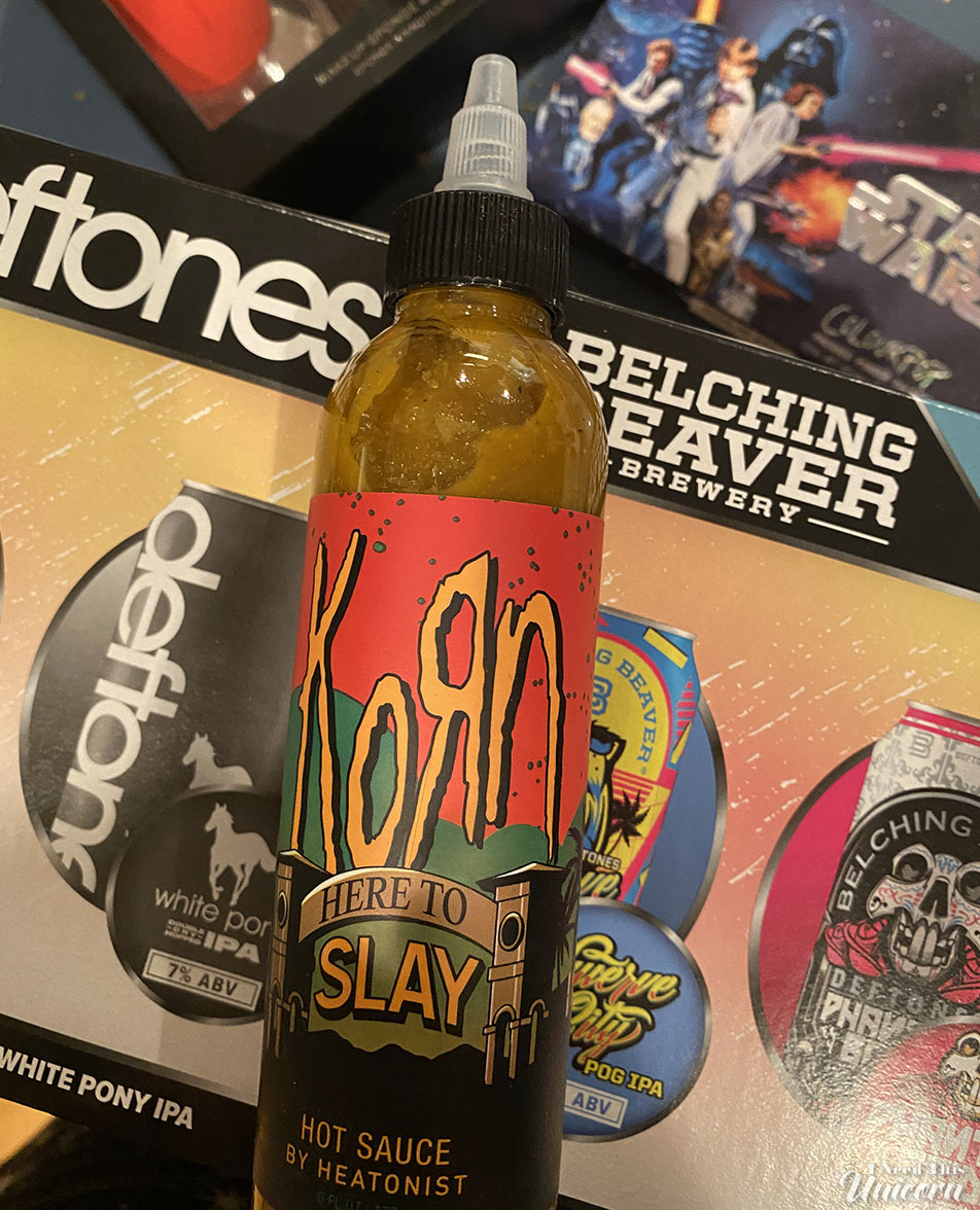 Heatonist Korn Here To Slay Hot Sauce, Belching Beaver Deftones Beer case, Colour Pop Star Wars Palette, Revolution Beauty Game of Thrones sponge and holder