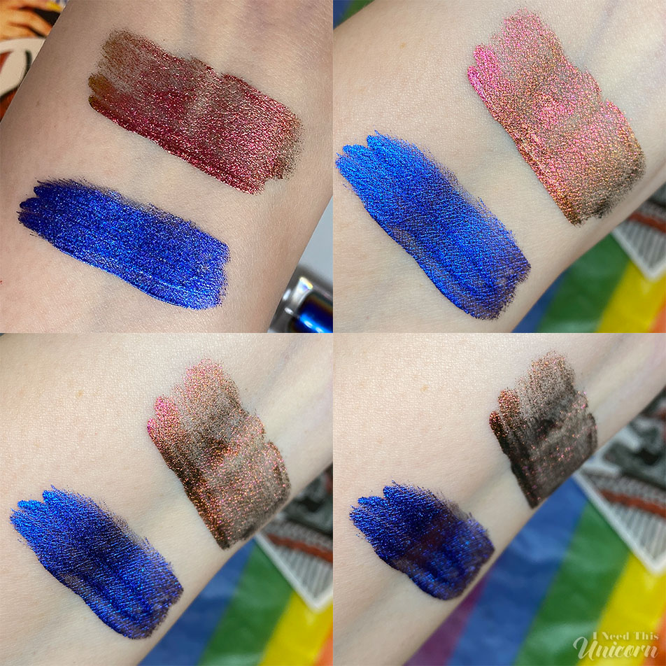 Swatches of Chaotic Cosmetics Color Change Lipsticks in "Mood Ring" and "Purple Gem" Under a lightbox