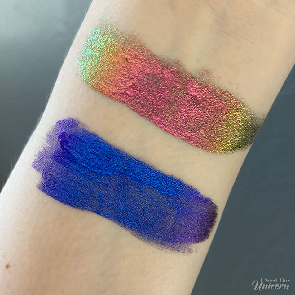 Swatches of Chaotic Cosmetics Color Change Lipsticks in "Mood Ring" and "Purple Gem"
