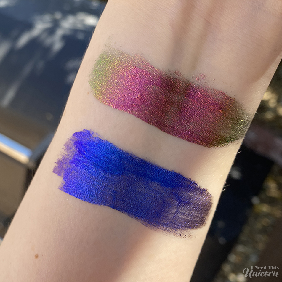 Swatches of Chaotic Cosmetics Color Change Lipsticks in "Mood Ring" and "Purple Gem"