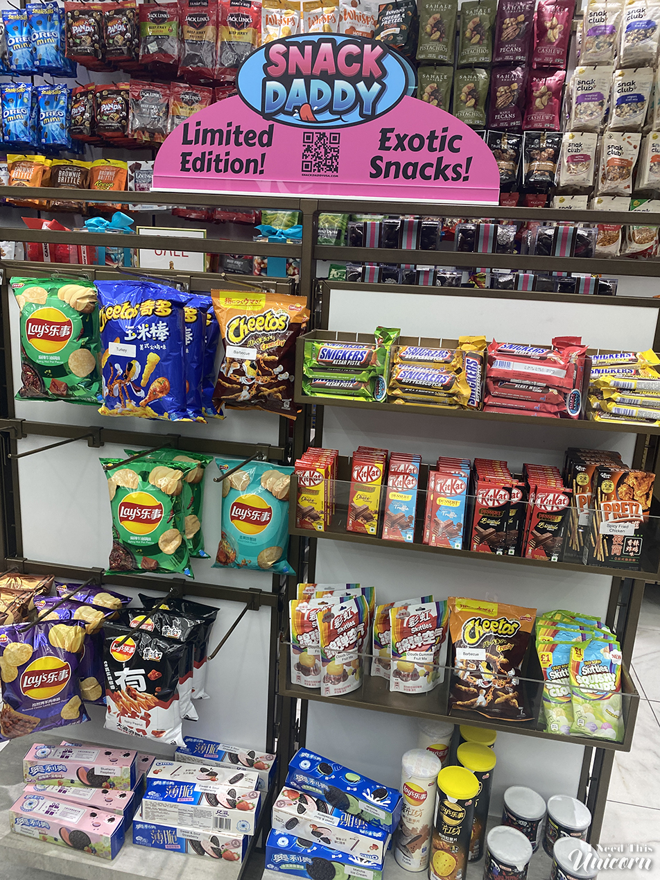Snack Daddy display with unique, limited edition, foreign, exotic snacks /junk food.