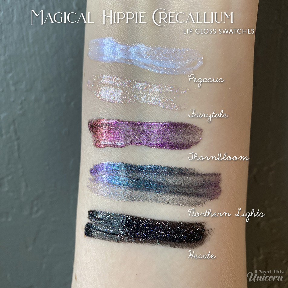Magical Hippie Crecallium lipgloss swatches labeled
