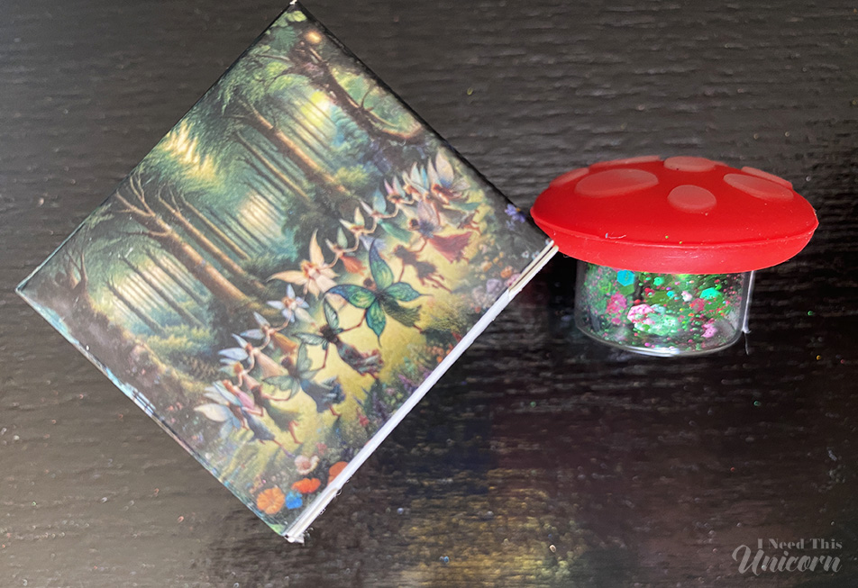 Magical Hippie Crecallium mushroom of glitter and the cute box it came in. Illustrations were on all sides!