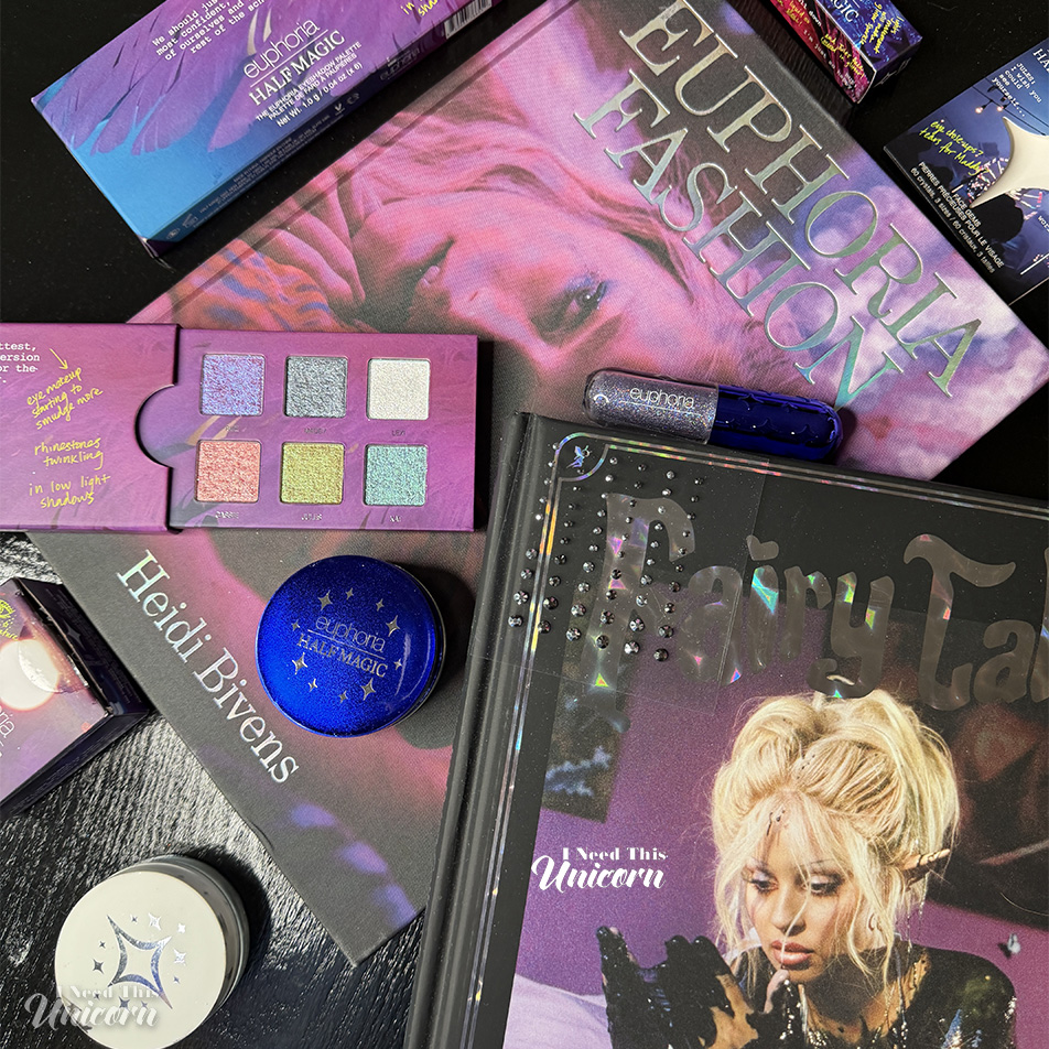 Euphoria-inspired beauty flatlay with Half Magic makeup, Petra Collins books, Fairy Tales magazine, glitter cosmetics, and HBO Euphoria collector items.