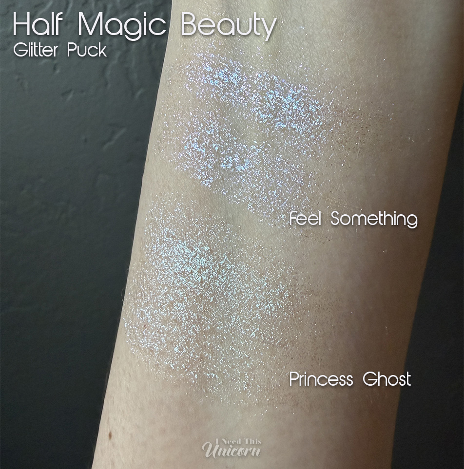 Half Magic Beauty Euphoria Glitter Puck comparison swatches on arm