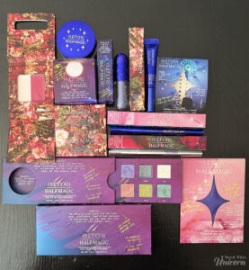 Complete Half Magic Beauty x Euphoria collection featuring eyeshadow palettes, glitter makeup, chrome eye products, face gems, blush, and graphic eyeliners.
