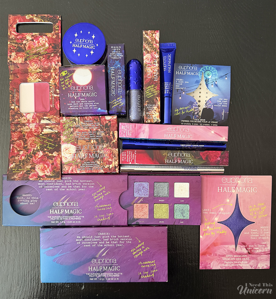 Complete Half Magic Beauty x Euphoria collection featuring eyeshadow palettes, glitter makeup, chrome eye products, face gems, blush, and graphic eyeliners.