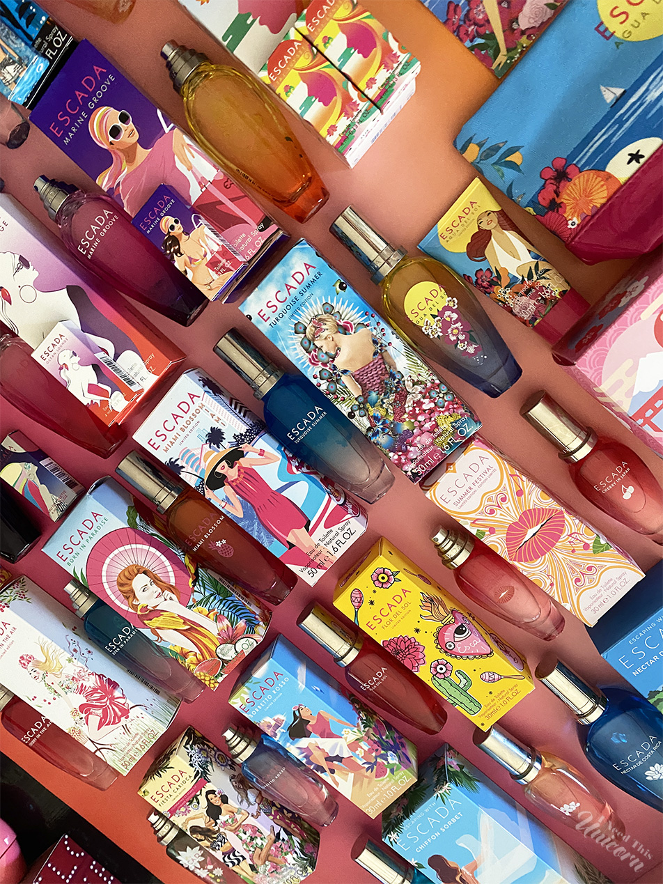 Escada Chaos- bottles and boxes on wrapping paper on my dining room table