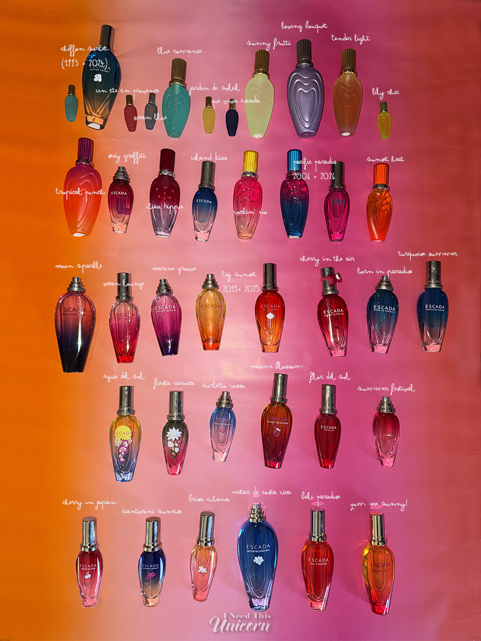 The complete collection of Escada Summer Edition Fragrances from 1993-2026 on an orange to pink gradient to honor my first favorite: Tropical Punch