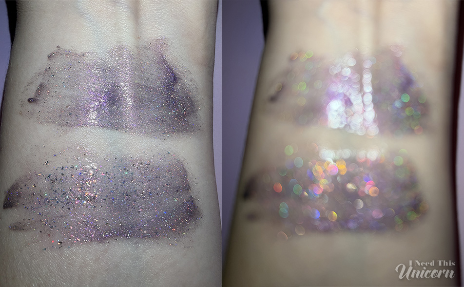 Queen Cosmetics Love Spell and Love Spell and Digital Doll layered over each other. One photo is blurry to show the sparkle and holographic rainbow effect.
