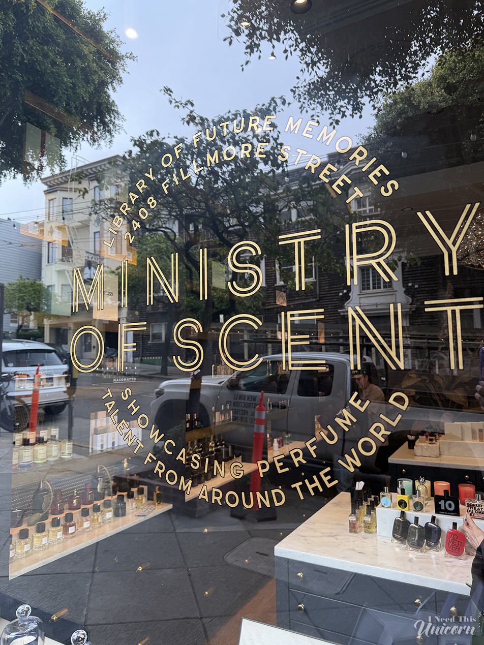 Ministry of Scent logo on the window at the Fillmore Street location in Pac Heights