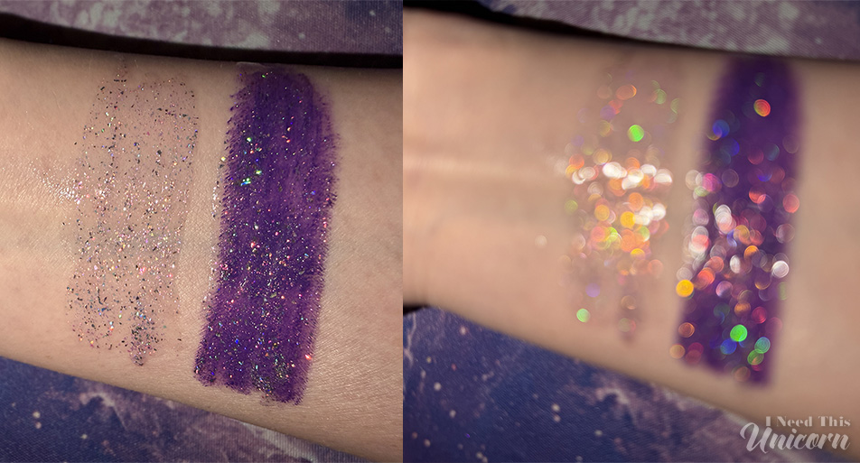 Digital Doll Holographic glitter gloss swatches over bare skin and over a purple liquid lipstick. Over a purple base, the effect finally matches the fantasy the packaging promises.