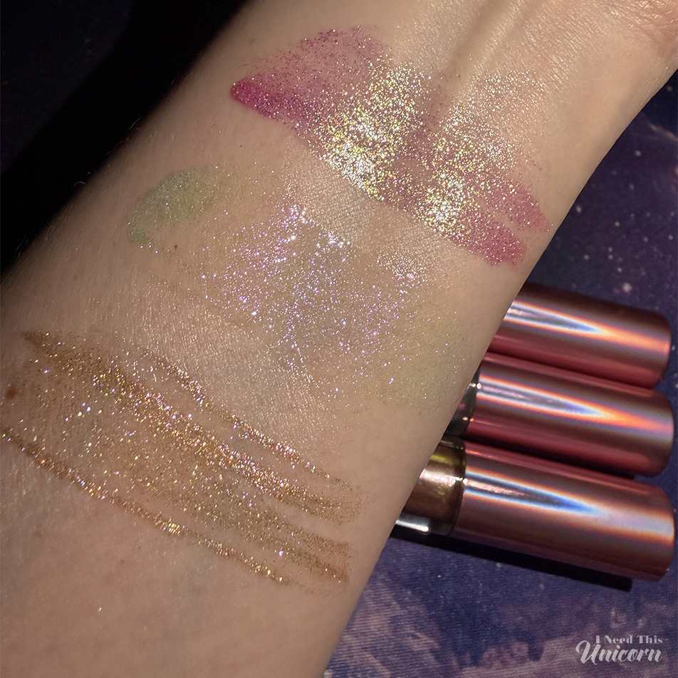 Comparison swatches of Queen Cosmetics Tester #1, Tester #2, and Tester #3 showing their appearance with direct flash at night.