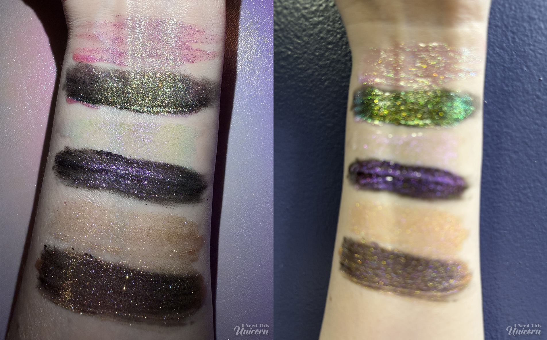 Queen Cosmetics Tester #1, Tester #2, and Tester #3 Diamond Shimmer lip gloss swatches on bare skin and over black liquid lipstick showing color shifts, and multi-dimensional sparkle.