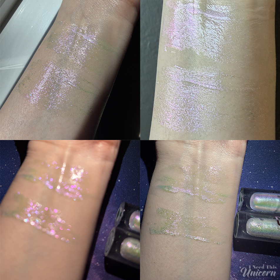 Comparison swatches of Queen Cosmetics Tester #2 (top) and Nebula (bottom) shown in sunlight, indoor lighting, and flash photography. Tester #2 appears pinker and more pearlescent, while Nebula shows a stronger lavender-blue shift and slightly more visible sparkle particles.