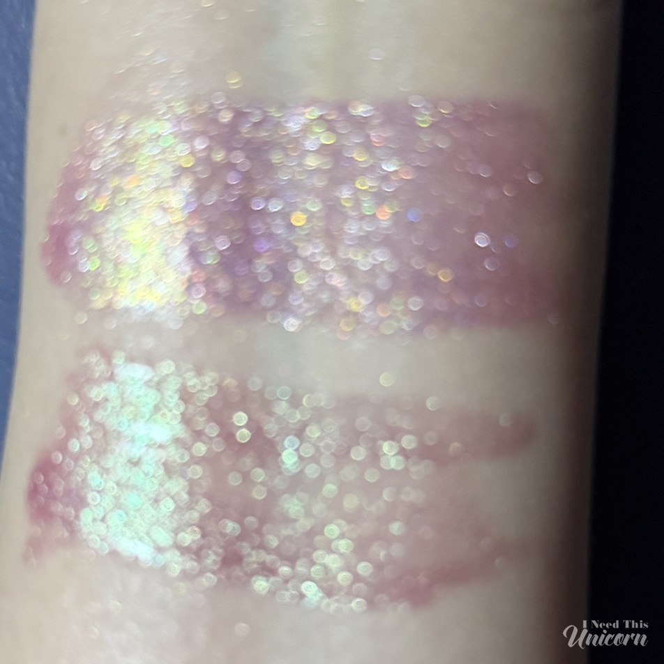 Out-of-focus shot of Tester #1 and Moonstone to show the difference in pigment colors and sparkles in different lighting conditions