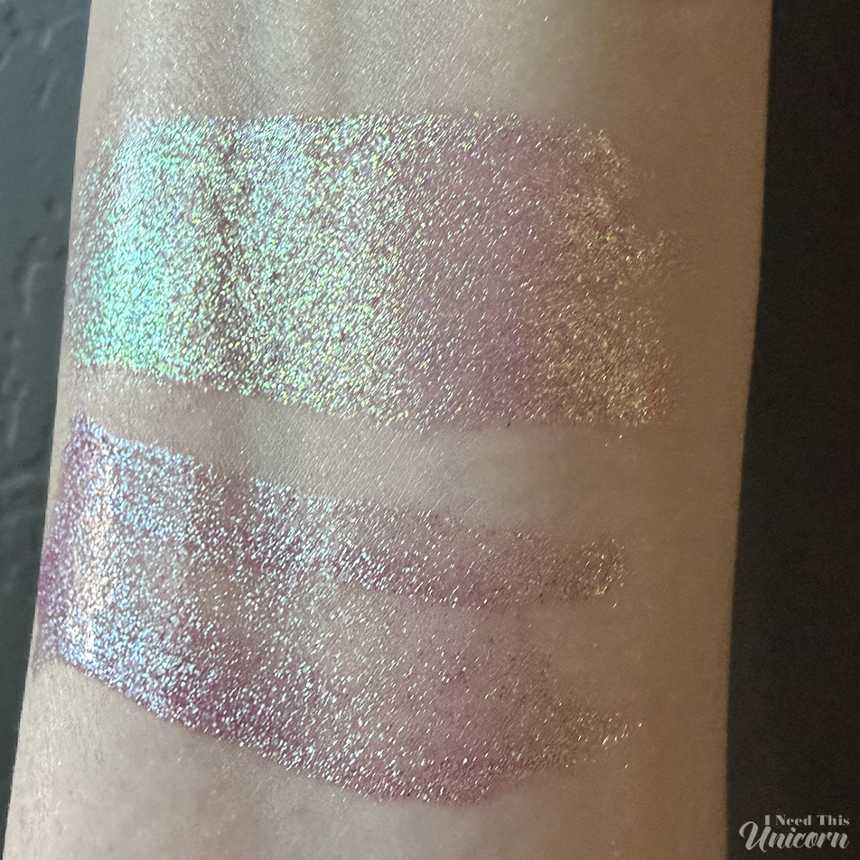 Indoor swatches of Queen Cosmetics Tester #1 (top) and two Moonstone glosses (middle and bottom), highlighting differences in sparkle density, pink tones, and reflective shimmer.