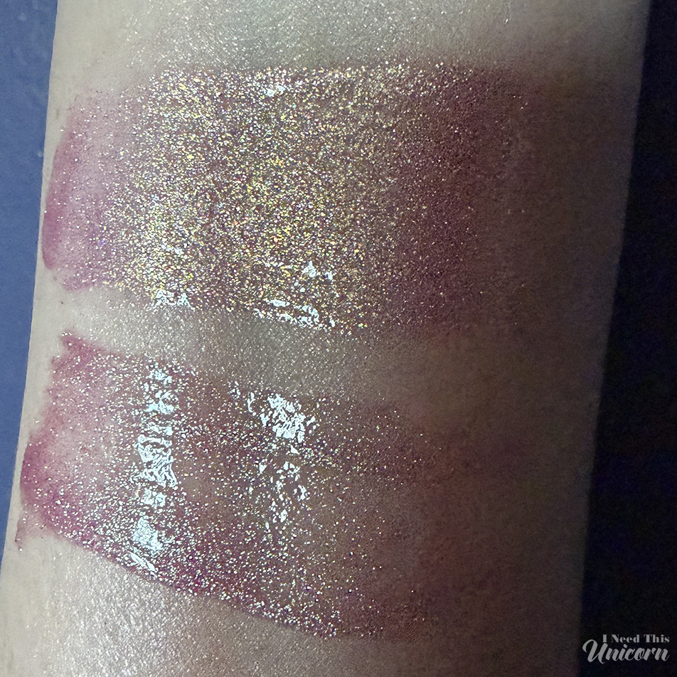 Side-by-side comparison of Queen Cosmetics Tester #1 and original Moonstone gloss swatches in indoor light, revealing similar pink bases with varying sparkle intensity.