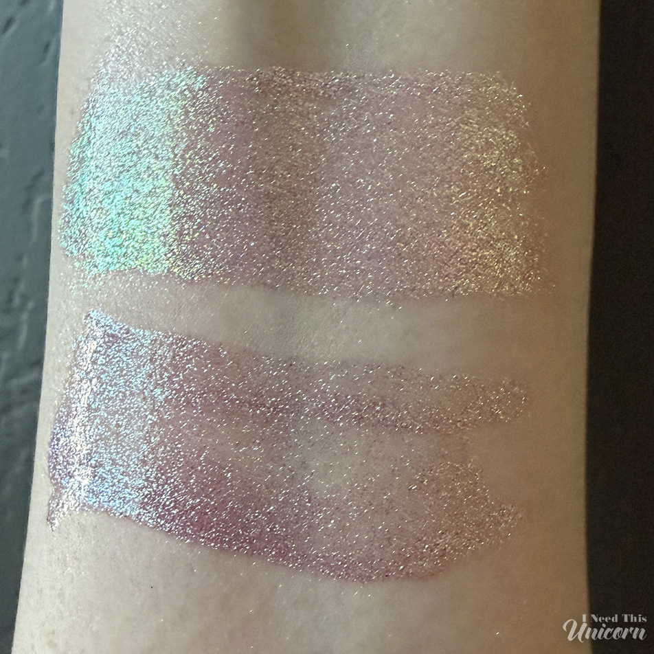 Indoor swatches of Queen Cosmetics Tester #1 (top) and two Moonstone glosses (middle and bottom), highlighting differences in sparkle density, pink tones, and reflective shimmer.