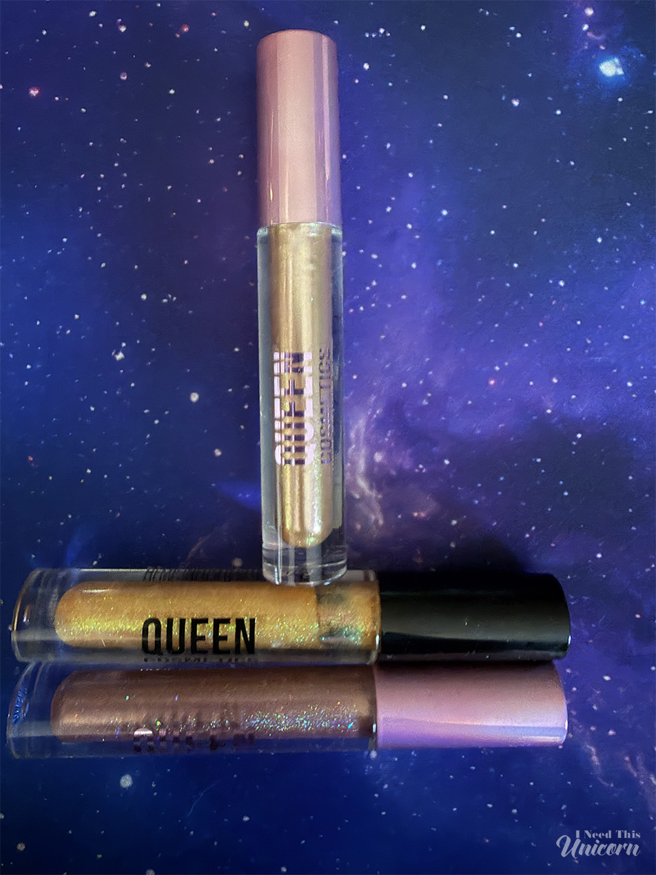 Queen Cosmetics Tester Diamond Shimmer Glosses | I Need This Unicorn Tester #3 compared with the only two warm shades I have of Queen Cosmetics, Aphrodite and Face Time.