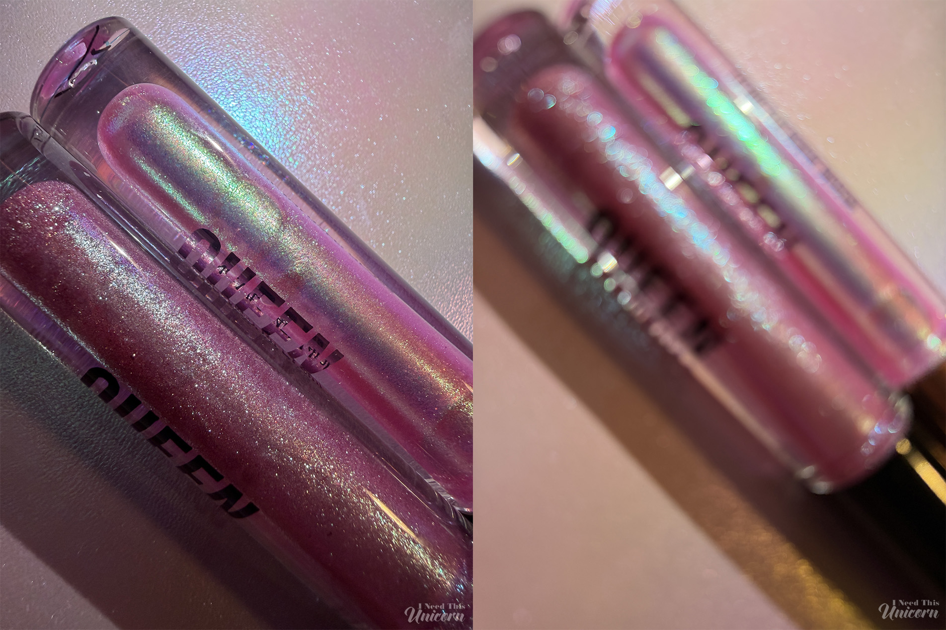 Queen Cosmetics Tester Diamond Shimmer Glosses | I Need This Unicorn Side-by-side tube comparison of Queen Cosmetics Tester #1 and Moonstone lip glosses, illustrating why Tester #1 appears more color-shifting while Moonstone appears more sparkle-heavy. Blurry photo to show difference in shift intensity.