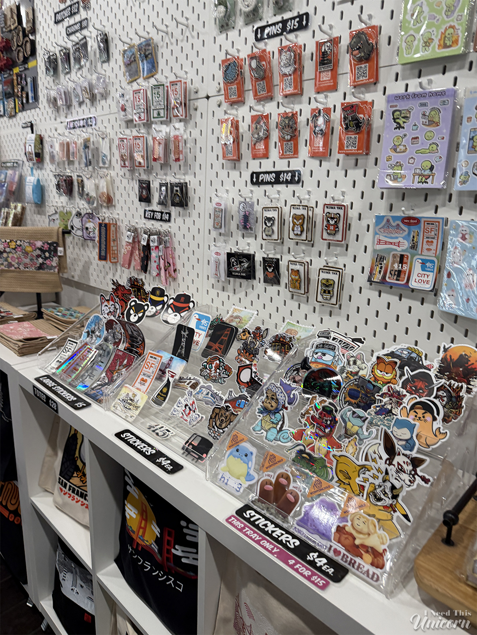 3 Pillars in Japantown. Local artist owned shop, featuring a wall of stickers, pins and keychains.
