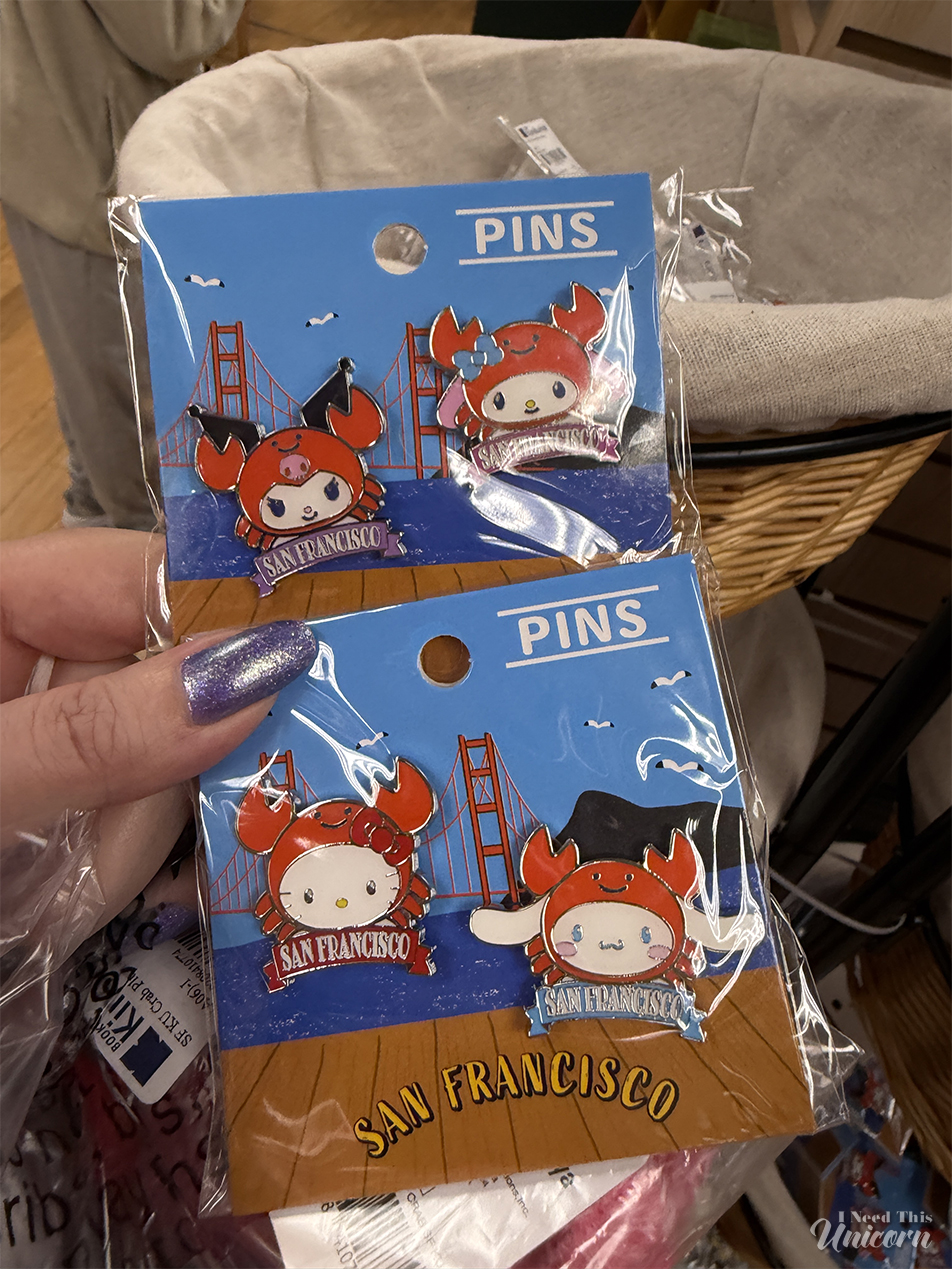 Kinokuniya Books Hello Kitty San Francisco Crab pin sets with Kuromi and My Melody, and Hello Kitty and Cinnamonroll