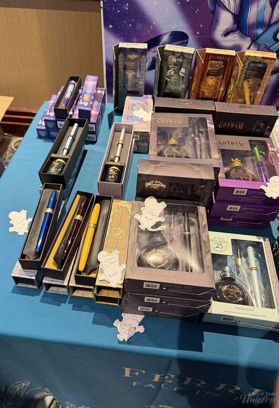 Ferris Wheel press at the SF Pen Show. Featuring Lord of The Rings and Hogwarts pen and ink sets.