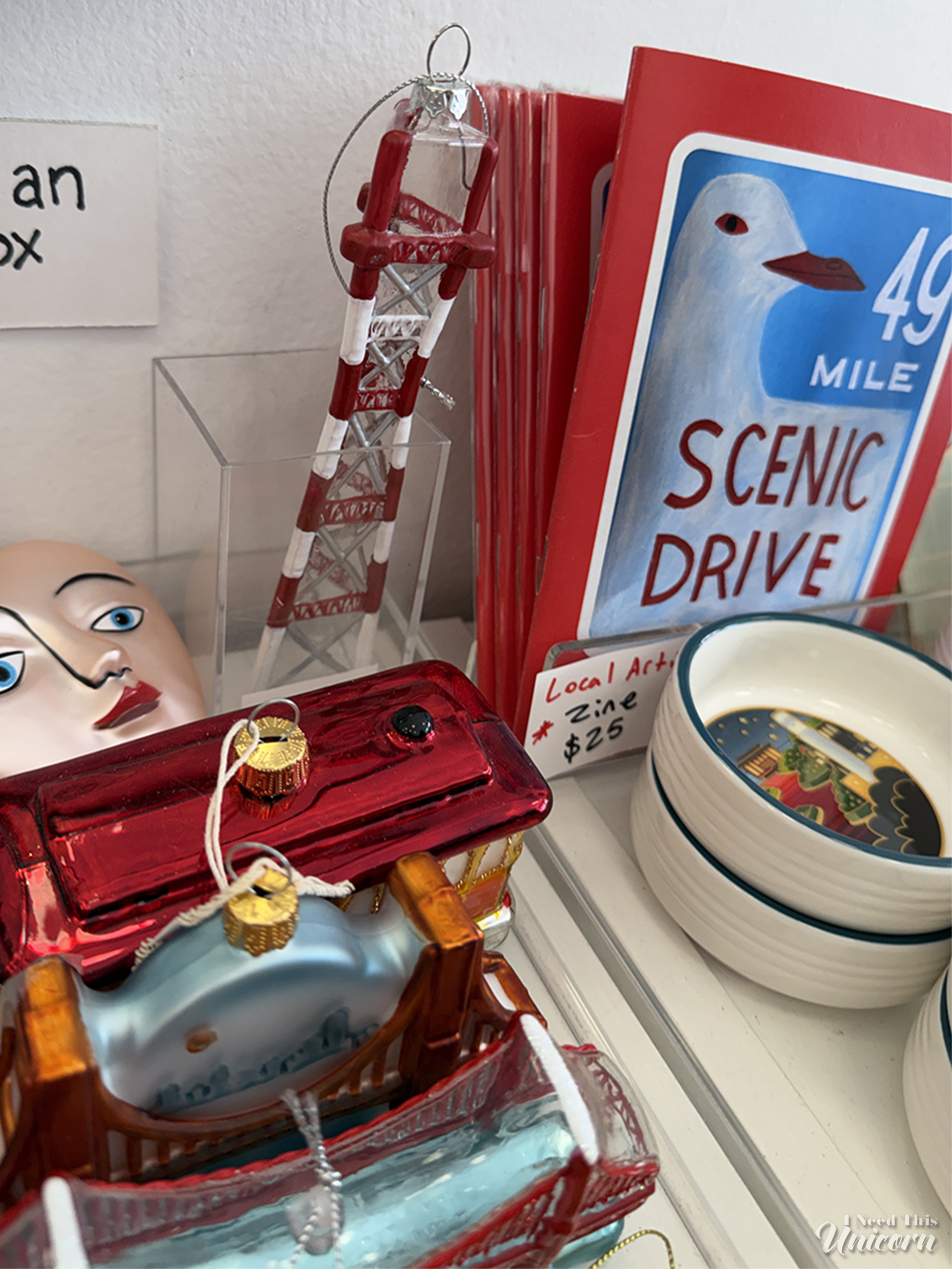 Glass ornaments at Post.Script. Including the Sutro Tower and Golden Gate Bridge glass ornaments from Local Elves.