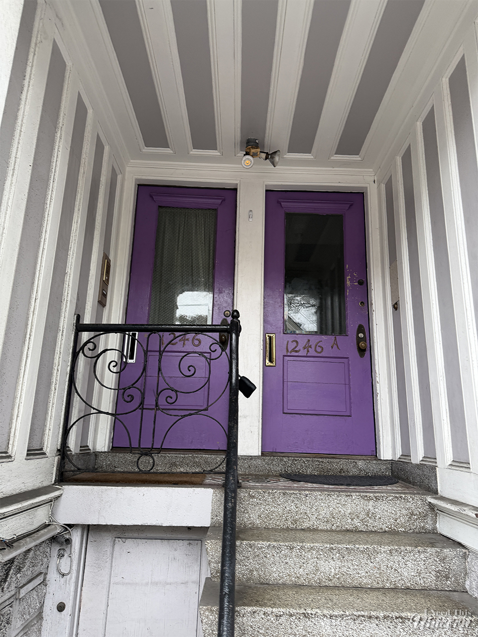 Cool purple doors with striped panelling