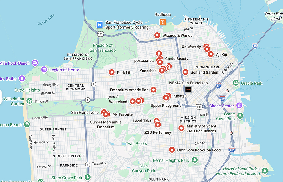 San Francisco Girl's Day Map of shops of interest: Stationery, gift shops, perfume, and Japanese food!